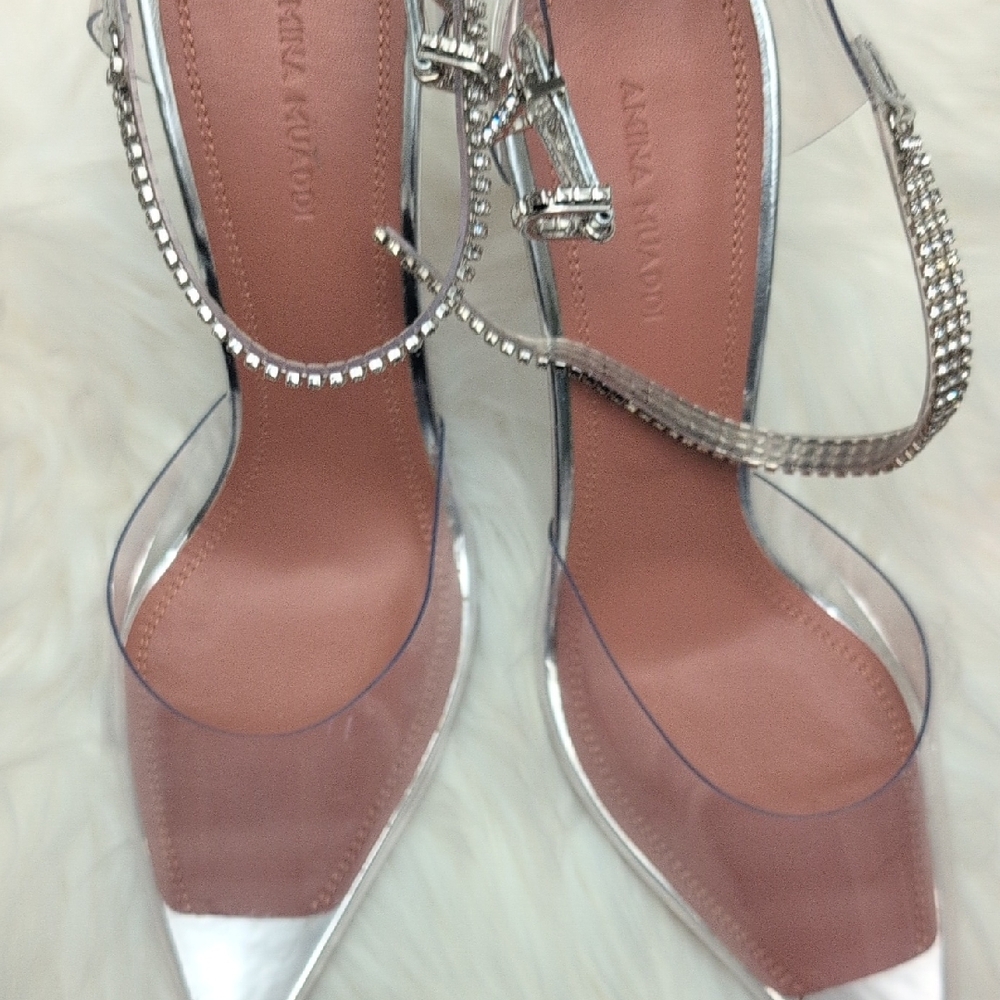 Amina Muaddi Silver Crystal-Embellished Heels
